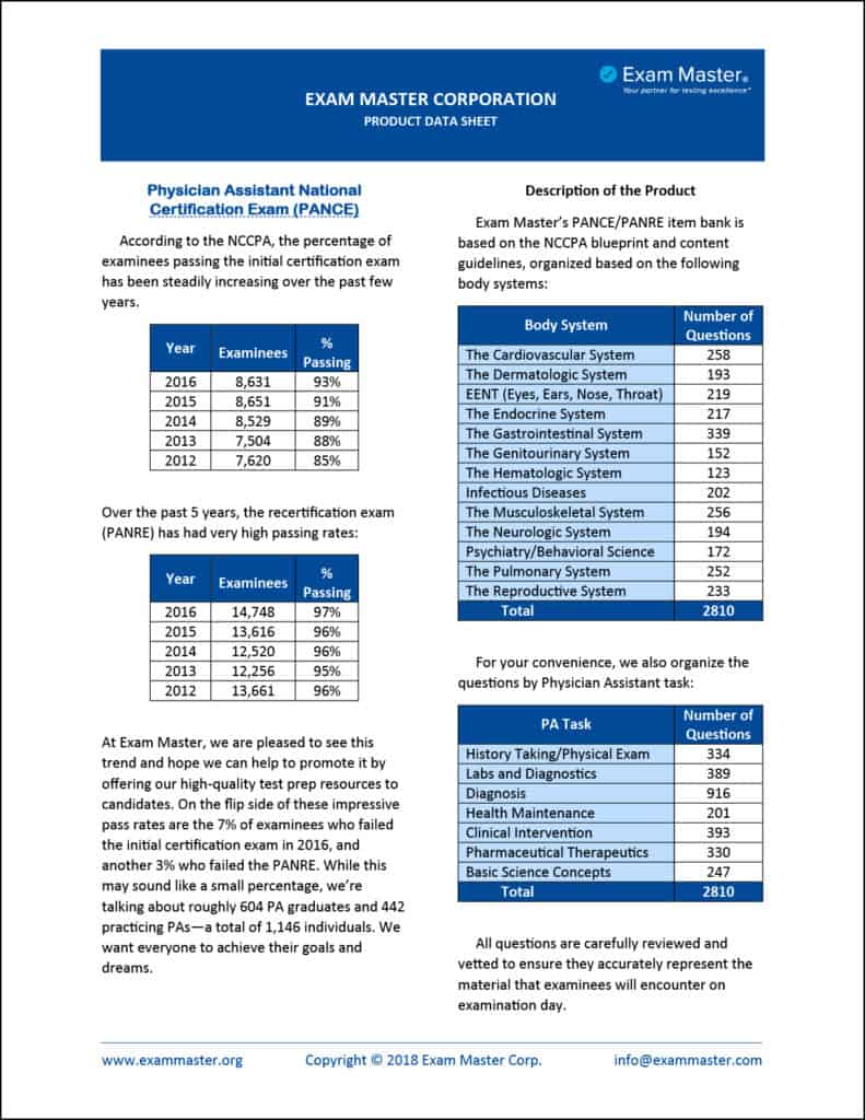 PANCE Review Data Sheet Exam Master